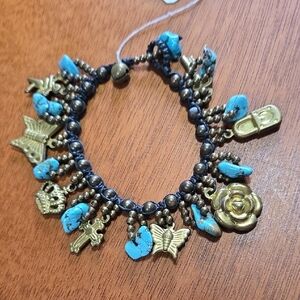 Turquoise Bead Charm Bracelet with Brass Charms